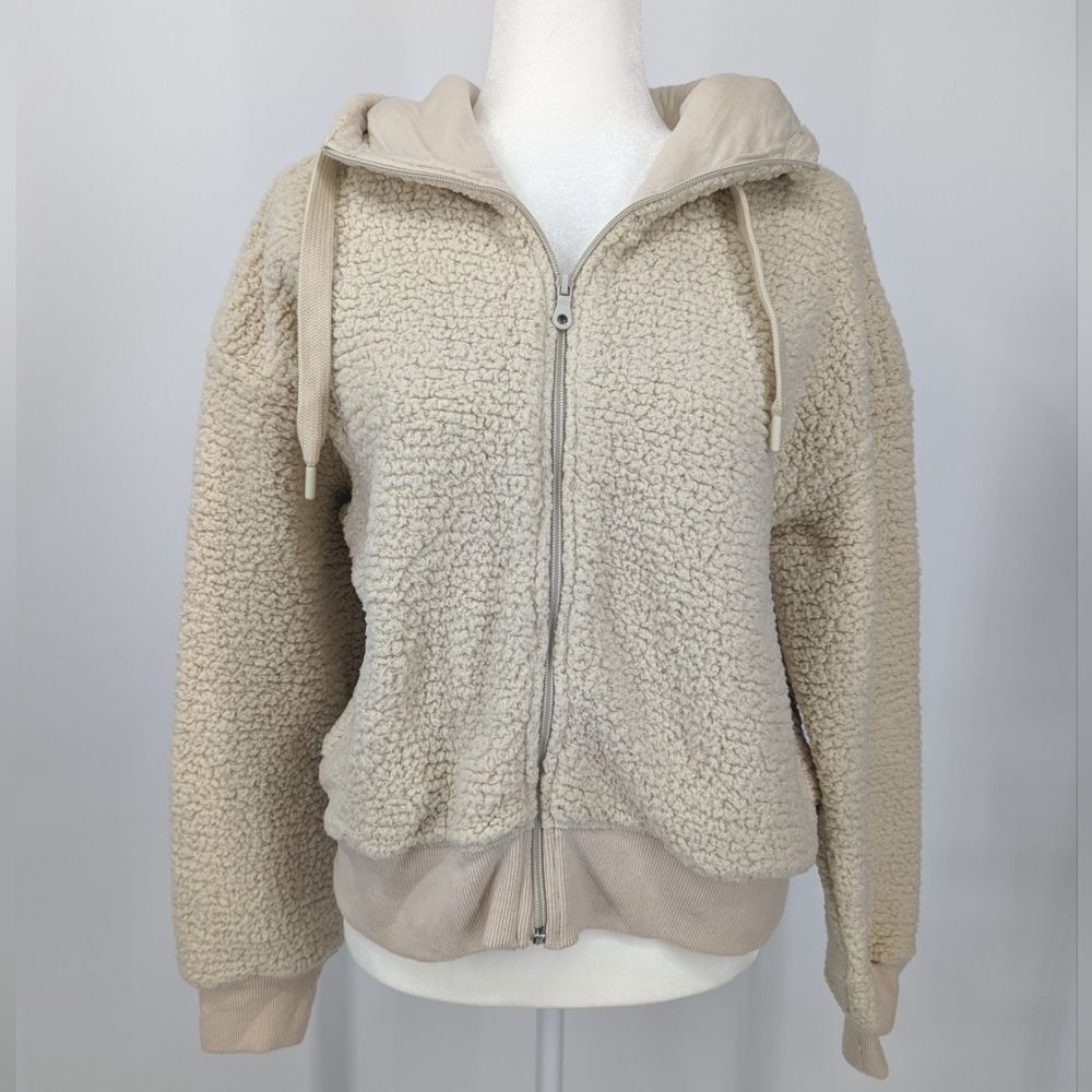 OFFLINE by Aerie Cream Sherpa Drawstring Zip-Up Hoodie Large